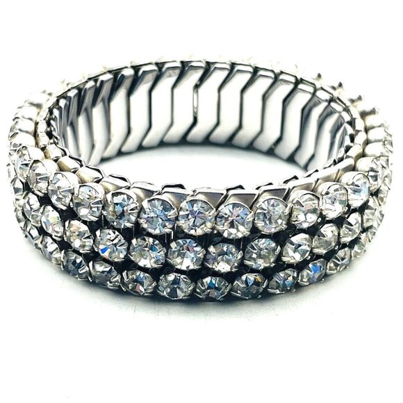 HIRFLEX USA Expansion Bracelet Triple Row Rhinestone Silver Tone Glam Bling Gift - Picture 1 of 7